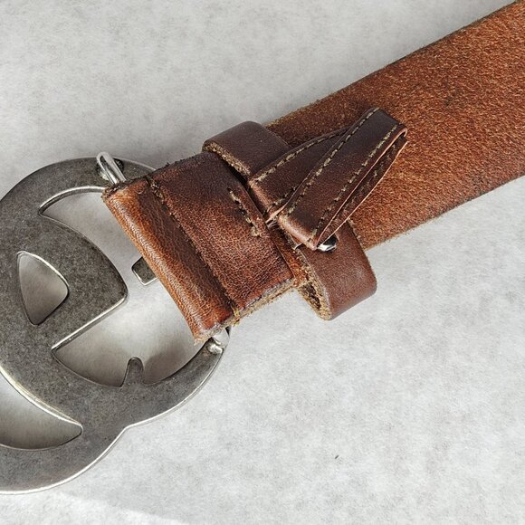 Men's Gucci GG Buckle Brown Tan Leather Belt 53 Inches Long 1.5 Inch Wide - Picture 11 of 12